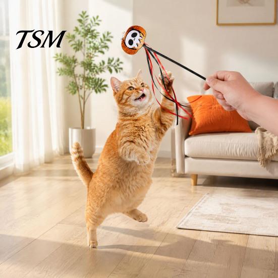 Colorful Ribbon Teasers with Bells Halloween Cat Wand Toy, Interactive Toy Feathers And Bell, Realistic Prey Movement Teaser Spider Skull Pumpkin