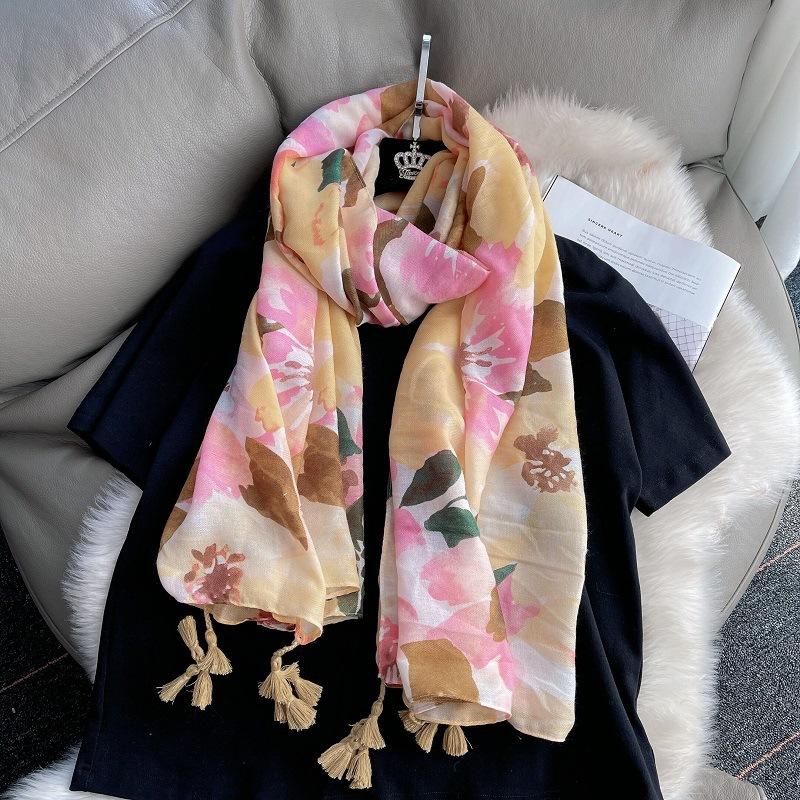 Fashion Brand Lovely Floral Tassel Viscose Shawl Scarf Ladies Soft Pashmina Hijabs and Wraps Foulard Muslim Sjaal 180*90Cm