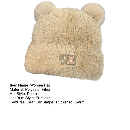 Women Knitted Hat Windproof Warm Solid Color Elastic Winter Hat Bear Ear Decor Cold Weather Plush Hat