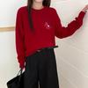 Women's European-Style 100% Pure Wool Red Sweater, Small Horse Embroidery, Round Neck, Loose Fit, New Year Knitted Pullover