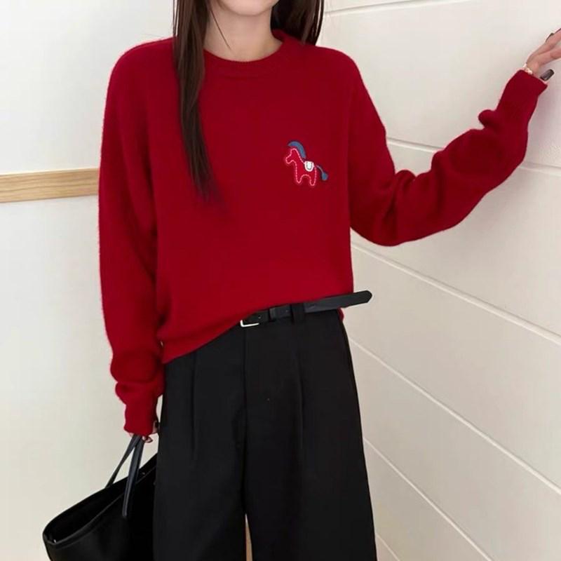 Women's European-Style 100% Pure Wool Red Sweater, Small Horse Embroidery, Round Neck, Loose Fit, New Year Knitted Pullover