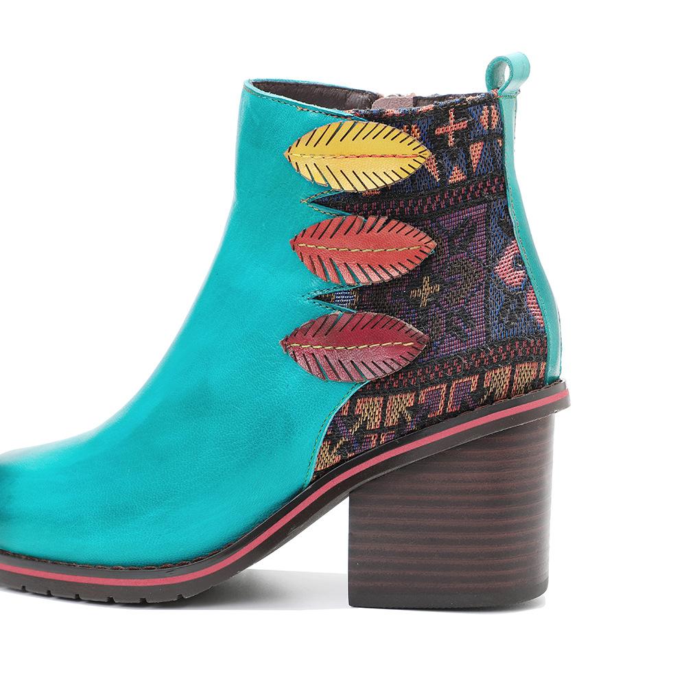 Johnature Ботильоны женские из натуральной кожи ручной работы с набивным рисунком в стиле ретро на толстом каблуке