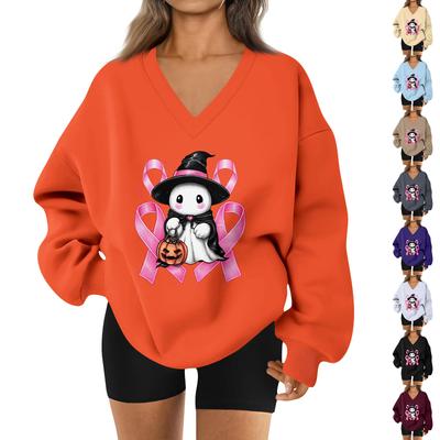 Женский спортивный свитшот с V-образным вырезом, приспущенным плечом и принтом на Хэллоуин