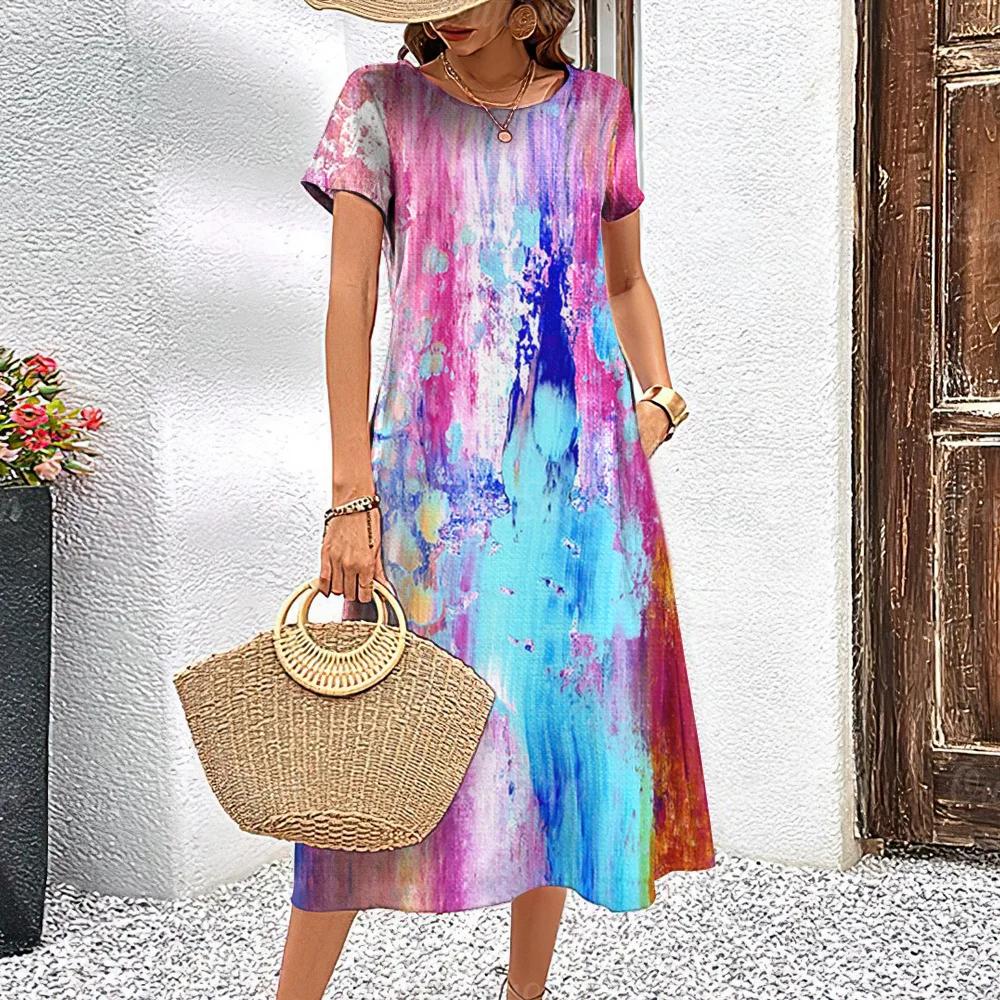 Летние платья с короткими рукавами, стильная женская одежда с контрастными цветами, длинное платье с принтом 3D Tie-Dye, женская одежда, свободный свитер с круглым вырезом