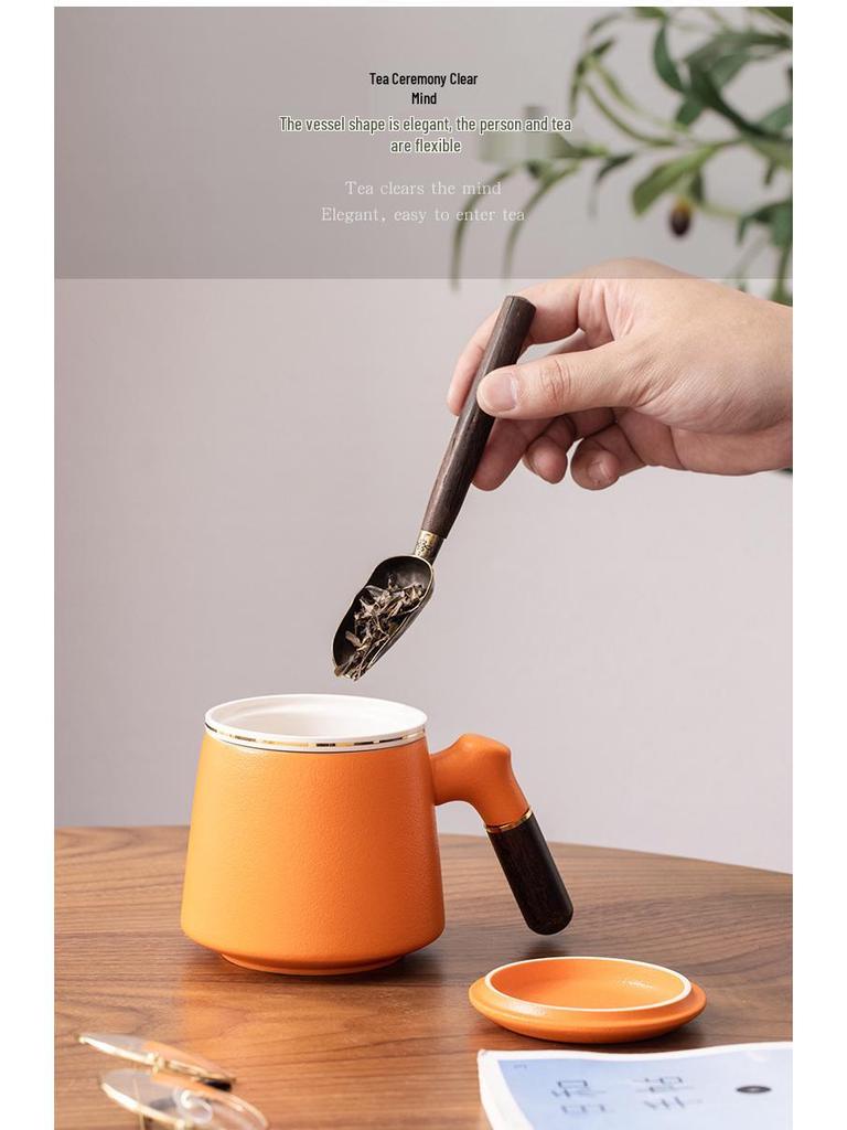 Подарочный набор керамических чашек в китайском стиле с крышкой и деревянной ручкой - Чайная чашка из трех частей с фильтром