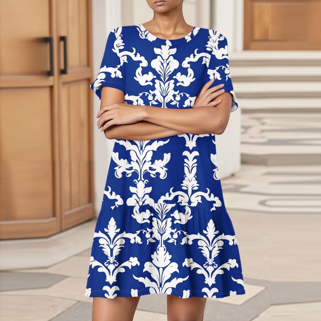 Women's Fashion Casual Round Neck Short Sleeve Leaf Floral Print Dress