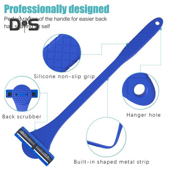 2-In-1 Men Back Shaver with Silicone Long Handle Bath Shower Body Back Scrubber Hair Trimmer Ergonomic Manual Wet Dry Hair Remover Tools