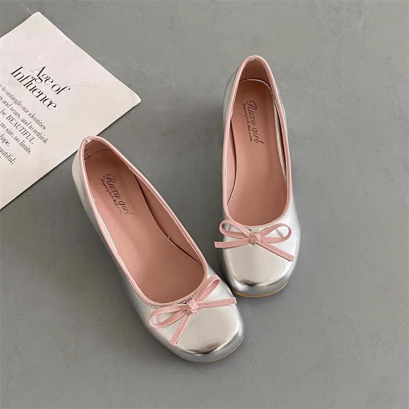 French skirt evening high heels silver fairy style bow light mouth single shoes women's thick heel round head 2025 spring and autumn