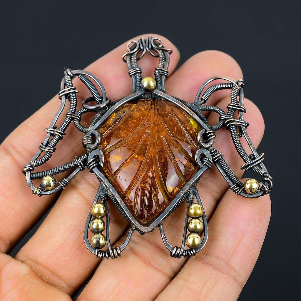 Резной балтийский янтарь в форме черепахи, драгоценный камень, медная проволока, подвеска ручной работы, ювелирный подарок