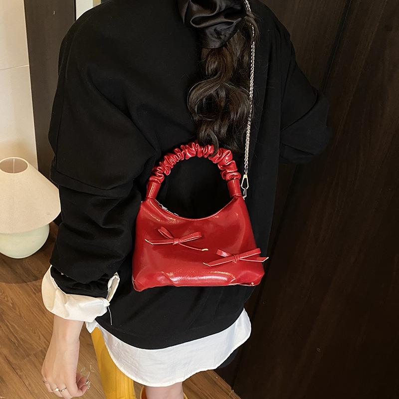Niche Simple Bow Pleated Handbag Women's 2025 Summer New High-end Messenger Dumpling Bag