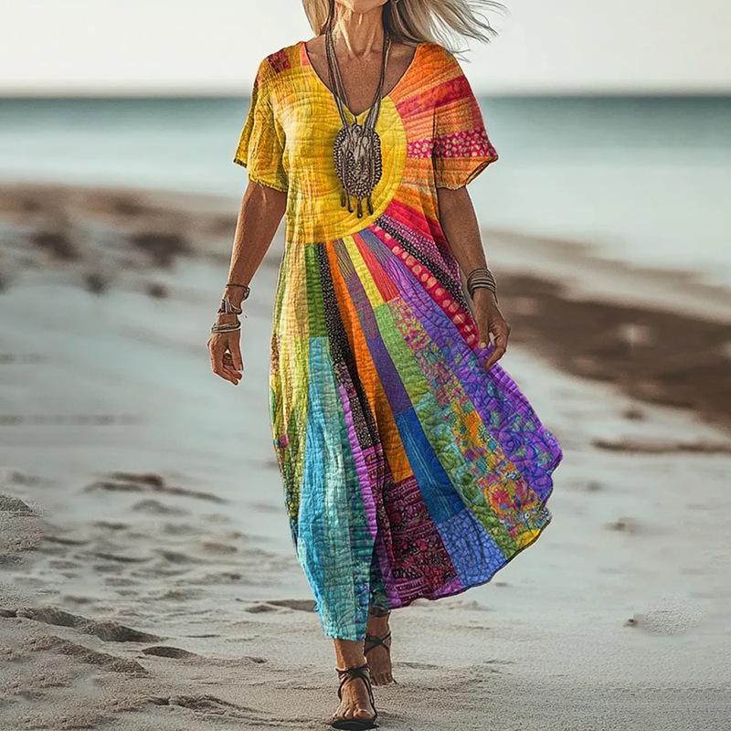 Bohemian Retro Print Raglan Sleeve Summer Maxi Dress