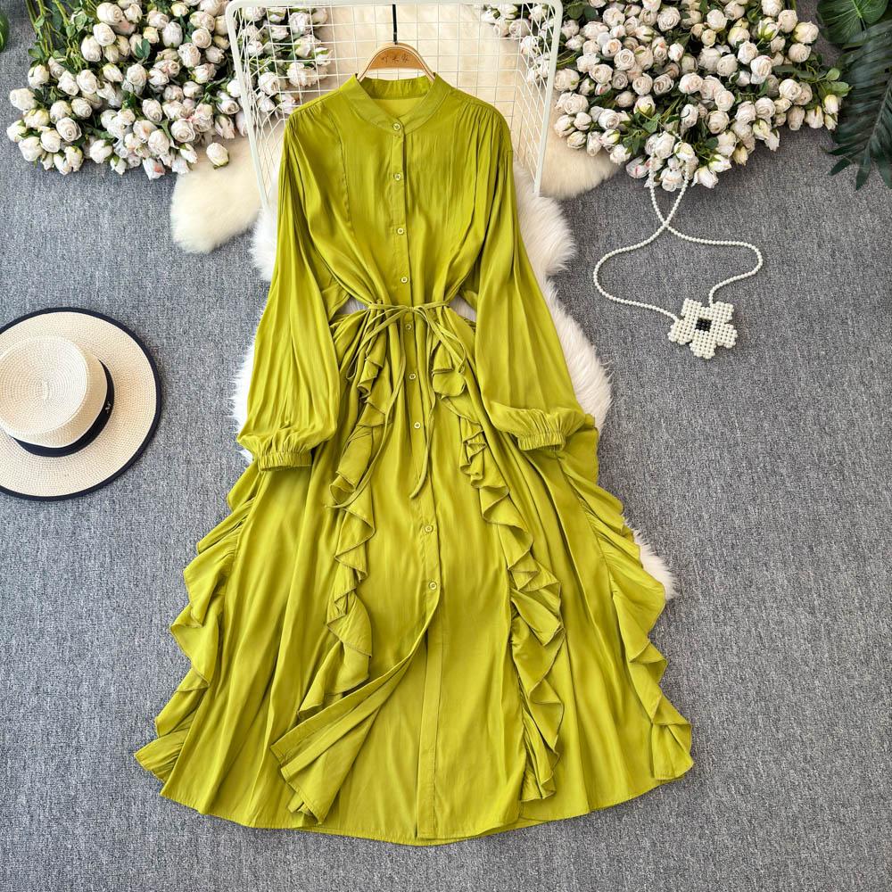 Нежный стиль, темперамент, рукава-фонарики, воротник-стойка, присборенная талия, А-силуэт, оборки по краю, шифоновое платье, элегантные большие свободные длинные платья