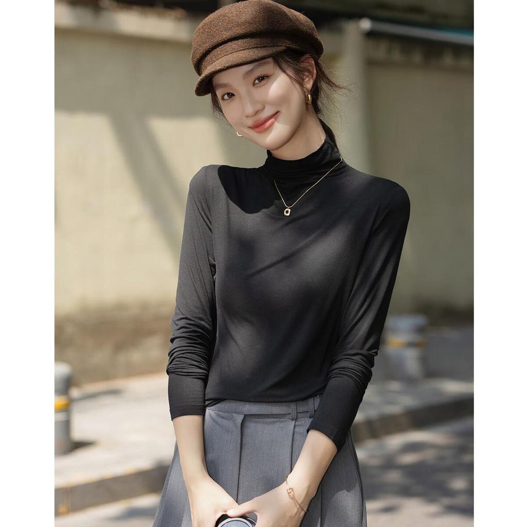 Dme Warm Ginger Fleece Autumn New Slim Fit Thin Half Turtleneck Long Sleeve Women's Base Shirt