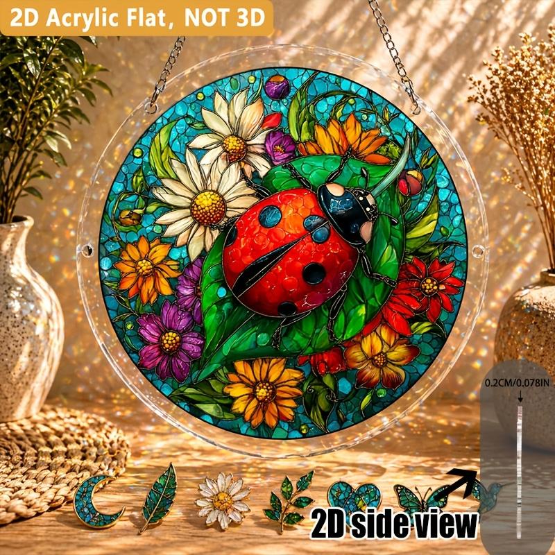 2D Flat, 1pc, Acrylic, Decorative Signs & Plaques, Ladybug Wildflower Sun Catcher Puzzle DIY Kit, Acrylic Window Hanging Craft, Rainbow Light Maker, M