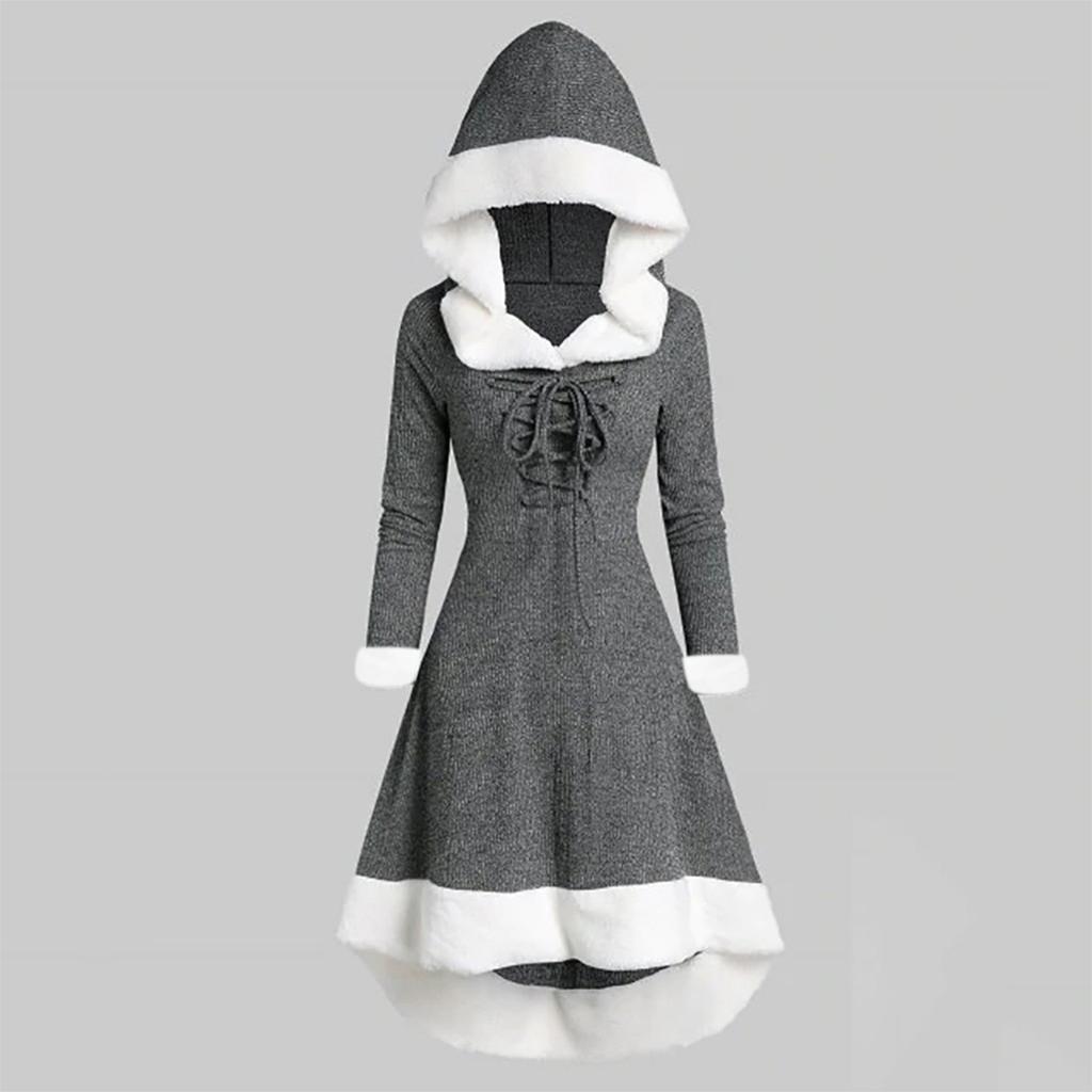 Женское платье с длинными рукавами, капюшоном, пэчворк-подолом и нерегулярными длинными рукавами