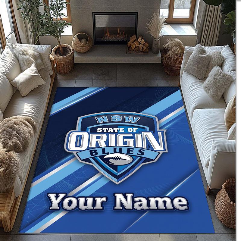 NSW Blues logo Crystal Velvet Rug, Custom Name Text Personalized Non‑Slip Floor Mat for Home Decor Gift