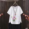 2025 Summer Nordic Flower Print V-neck Cotton Hemp Women's T-shirt - Perfect for Casual Wear