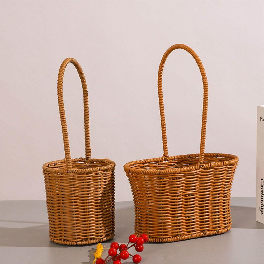 Brown Handhold Weaving Basket with Handle Hanging Basket Creative Flower Basket