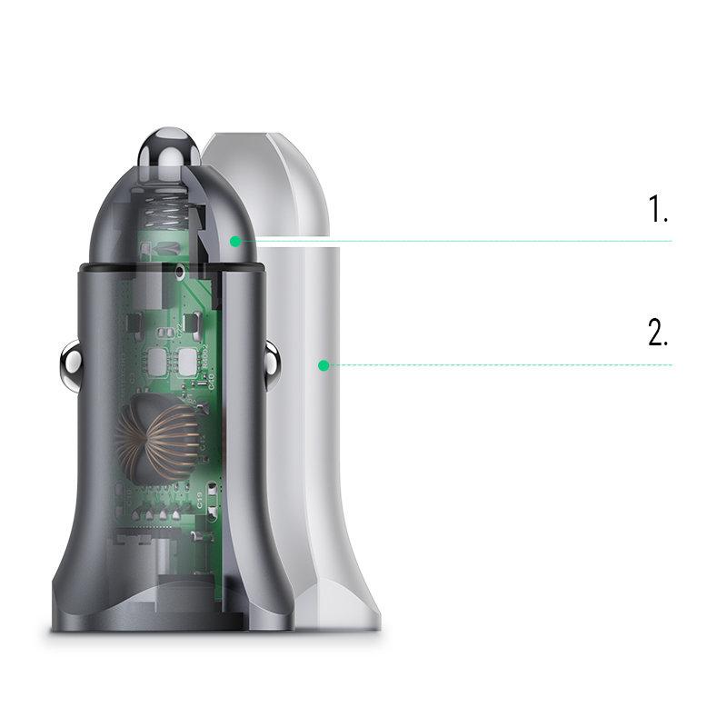 USB-C USB Car Charger 24W Power Delivery Quick Charge Gray