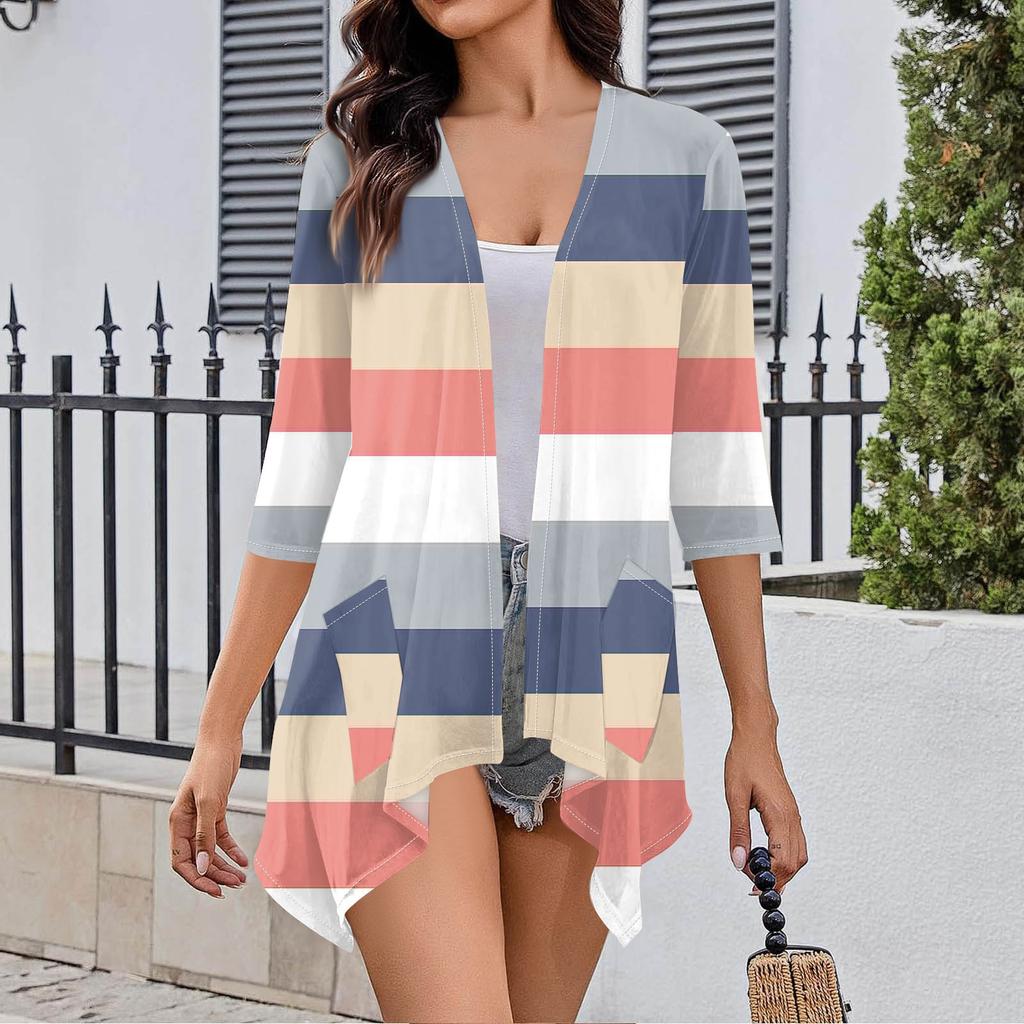 Women's Print Irregular Three-quarter Sleeve Cardigan With Pocket Jacket