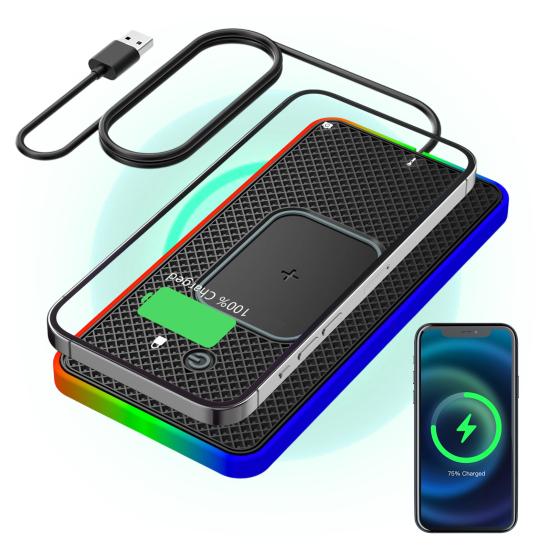 20 Вт Быстрая Беспроводная Зарядка для Телефона Автомобильная Зарядная Панель с Нескользящим Основанием 8 Цветов Подсветки Универсальный Коврик для Беспроводной Зарядки Телефона