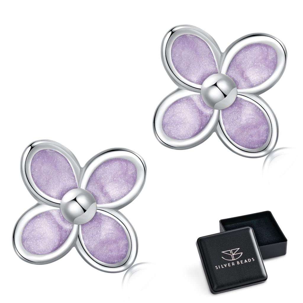 Silver earrings, purple flowers, studs, 925 silver