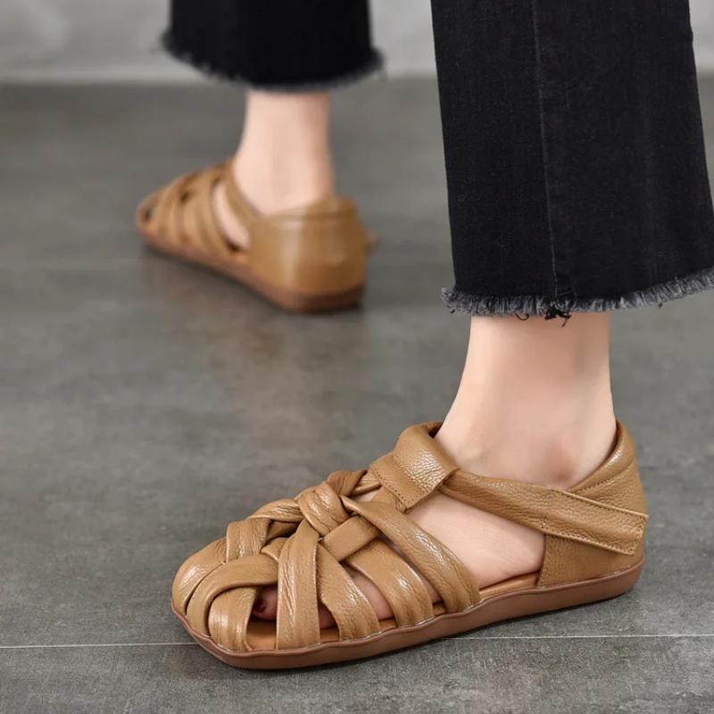 Johnature Ретро-сандалии на плоской подошве с квадратным носком для женщин из натуральной кожи с мягкой подошвой и ажурной отделкой - римские туфли