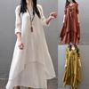 Women Cotton Linen Asymmetric Large Swing Button Loose Long Sleeve Maxi Dress