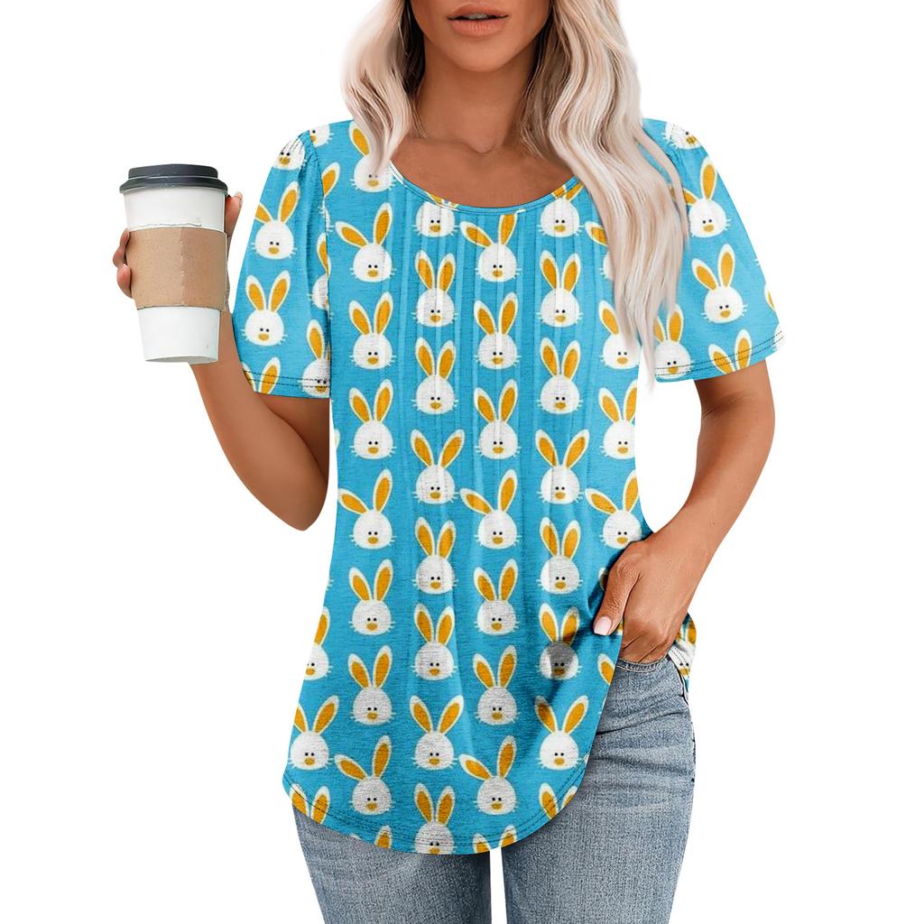 Ladies' Easter Printed Casual Pleated Round Short Sleeved T-shirt Top
