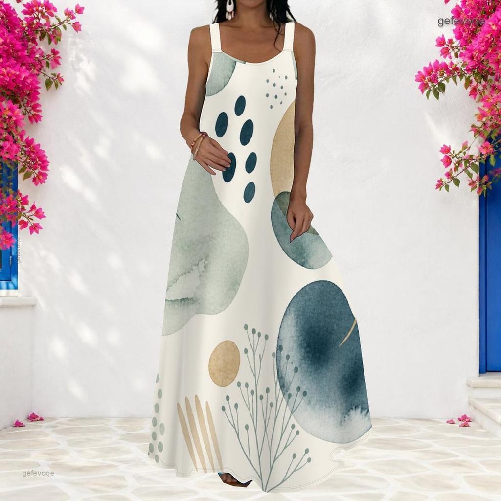 Women Plus Size Scoop Neck Strappy Sleeveless Geometric Printed A Line Maxi Dress
