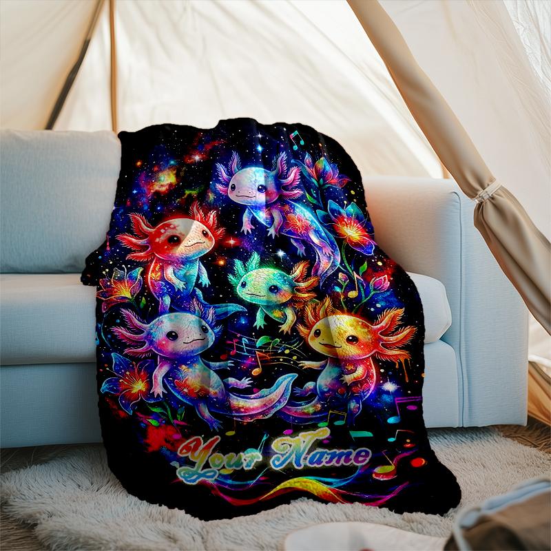 1PC Custom Name Colorful Axolotls Space flannel blanket versatile,all-season throw suitable for the living room,bedroom,camping,travel,and gift