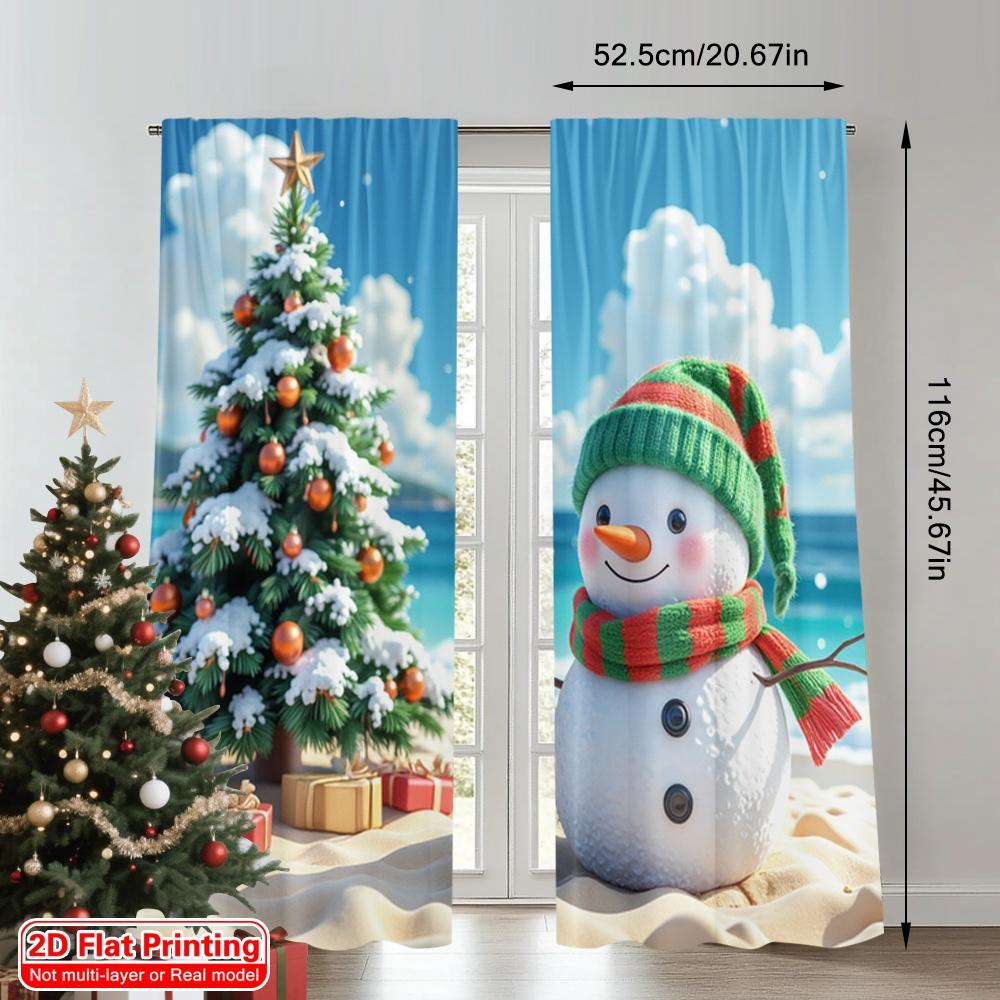 2pcs 2D Flat Printing Merry Christmas Curtain Snowman Christmas Beach Tropical Holiday 100% Polyester Without Electricity Spring