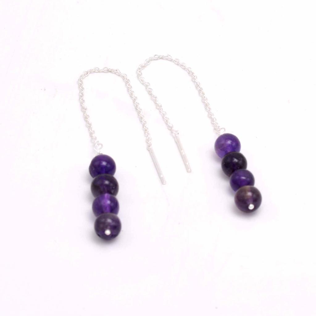 Amethyst 925 Silver Threader Earrings, Natural Gemstone Women Handmade Fringe Earrings