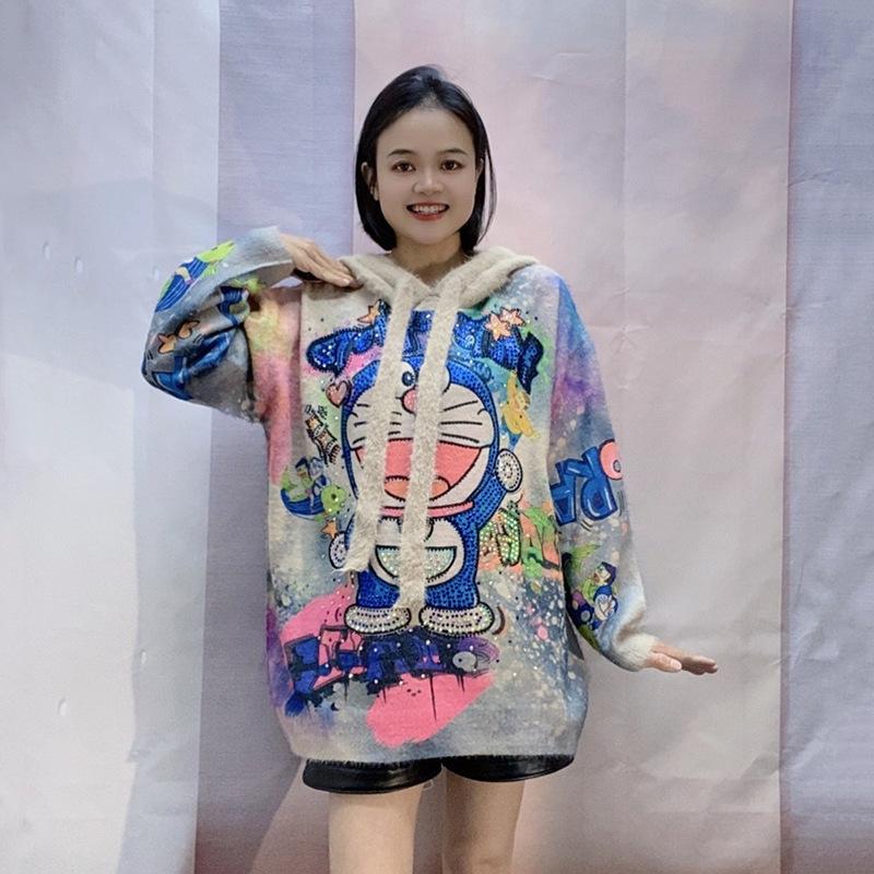 Korean Oversized Rhinestone Hooded Sweater Trendy Women's Autumn Print Knitted Top
