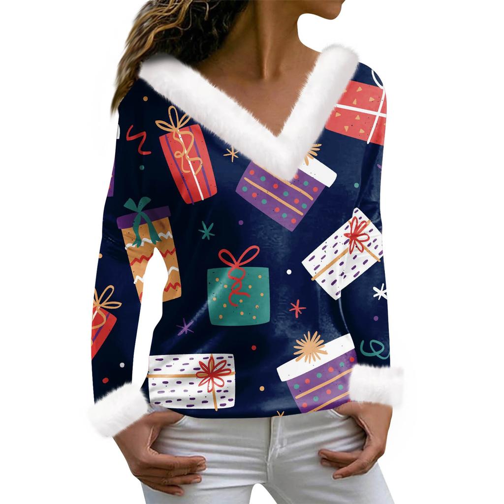 Женская футболка с рождественским принтом, футболка с длинным рукавом, флисовый воротник, топ с V-образным вырезом