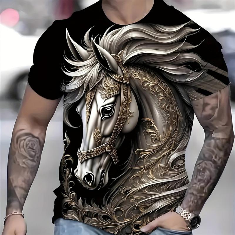 3D Majestic Horse Printing Round Neck Street Fashion T-Shirt Трехмерная печать Horse Мужская креативная футболка с короткими рукавами