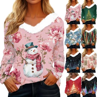 Рубашки с длинным рукавом для женщин Милые топы Рождественские принты Футболки Блузки Повседневные топы больших размеров Базовые топы Пуловеры