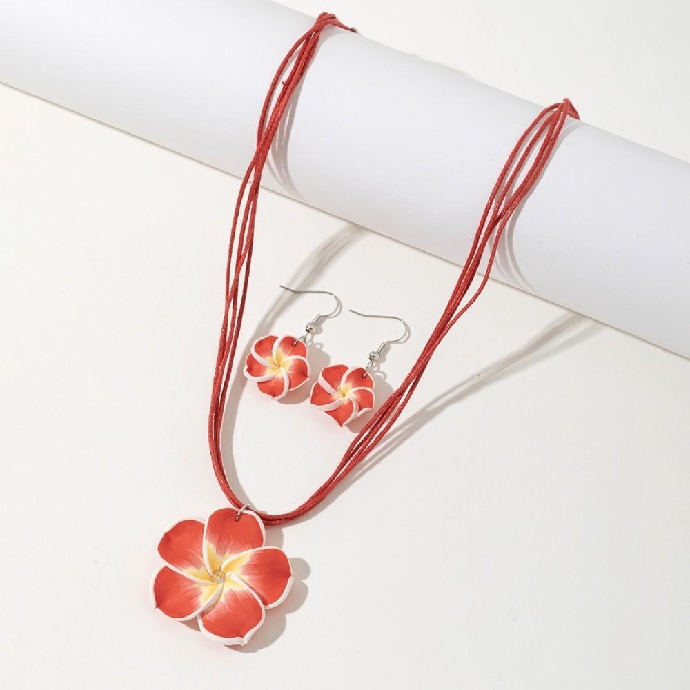 Soft Clay Flower Necklace Earrings Set Flower Jewelry Beach Vacation Accessory