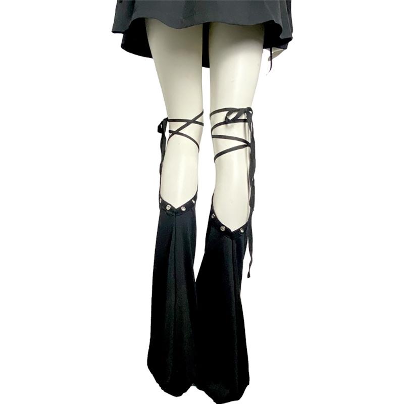 Women Punk Lace Up Straps Flared Leg Warmers Japanese Harajuku Eyelets Knee Length Foot Cover Long Tube Socks Streetwear