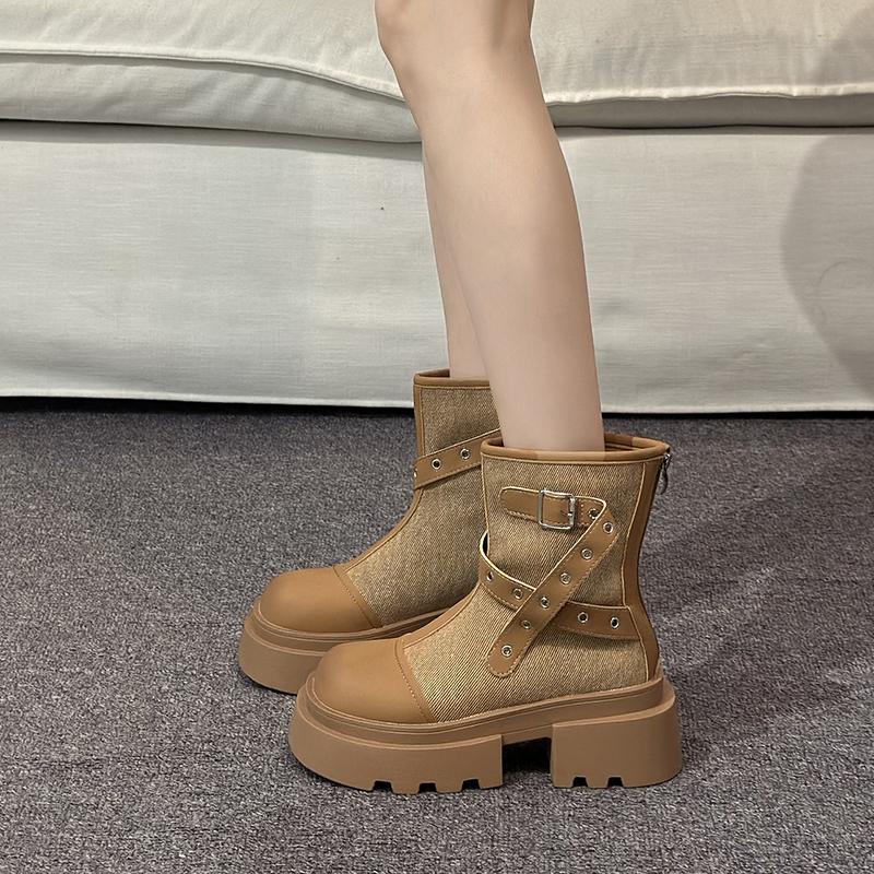 Мода Винтаж Зимние женские мотоциклетные ботинки Модные платформы Толстый каблук Короткие ботинки Повседневная женская обувь с пряжкой на ремне