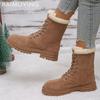 Fur Women Snow Ankle Boots Suede Short Plush Lace Up Cotton Mid Heels Shoes 2025 Trend Walking Warm Non-slip Winter Botas Mujer