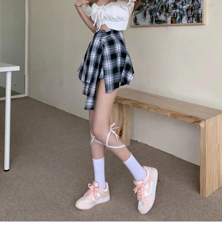 Женская черная клетчатая юбка-шорты А-силуэта 2025 года с асимметричным дизайном из двух частей