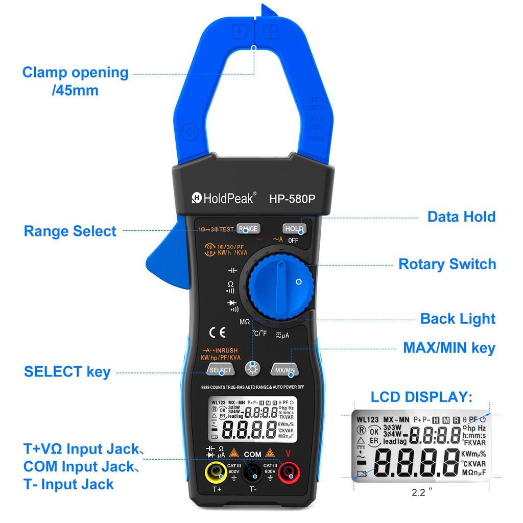 HoldPeak HP-580P Трехфазный токоизмерительный клещи 9999 дисплей тестер мощности измеритель пускового тока, истинное среднеквадратичное значение, ACV, ACA, кВт, кВА, для HVAC