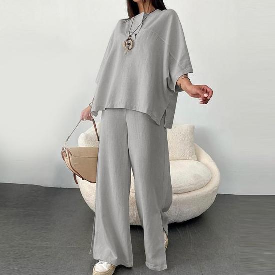 Женский костюм-двойка оверсайз 45720: пуловер с рукавом и брюки широкого кроя