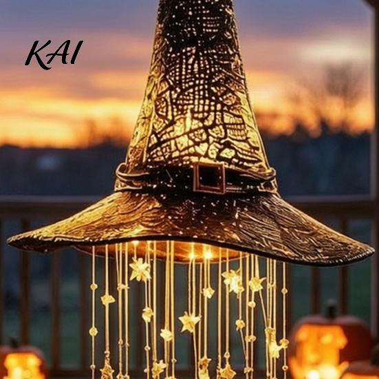 Indoor Halloween Hanging Ornaments Lighted Witch Hat Chime, LED Glowing Wizard with for Party Swinging Star Tassels, Outdoor Porch Ceiling Decorations