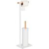 Toilet Paper Holder + Toilet Brush In White Metal and Bamboo