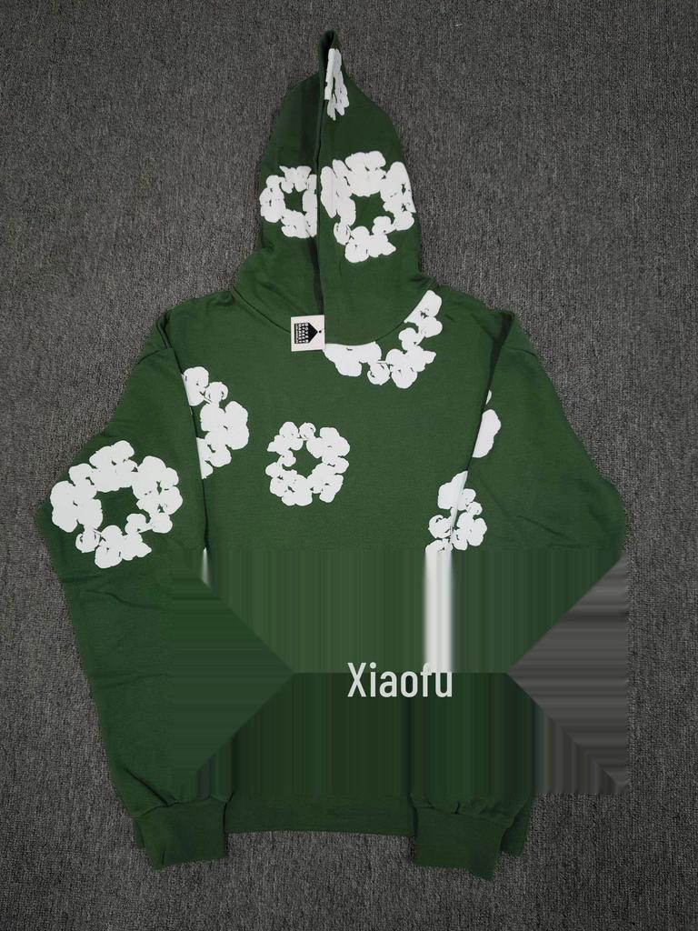 Худи из плотного хлопкового денима с цветочным принтом - Модная американская уличная куртка для мужчин