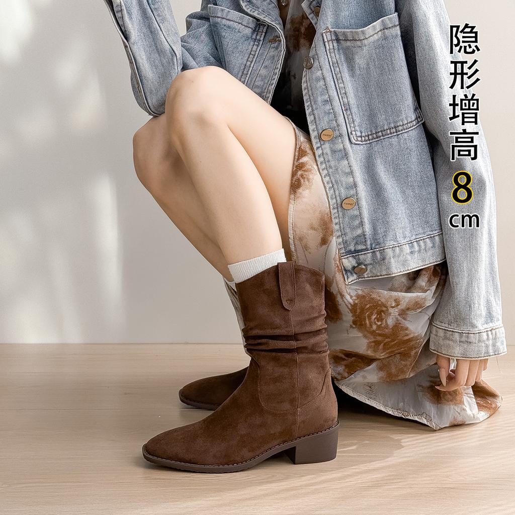 Pile Boots Women's Inner Height Increase 2025 Autumn New High-heeled Maillard Khaki Pleated Western Cowboy Booties