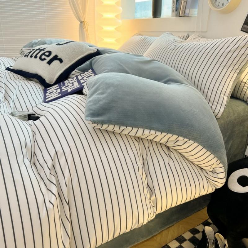 Комплект из четырех предметов из молочного флиса, простыни из стираного хлопка, утолщенный флис, простой полосатый комплект из трех предметов для общежития