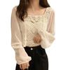 Slim Short Lace Square Neck Chiffon T-shirt Knit Women Long-Sleeved Blouse With Clavicle Exposed Top
